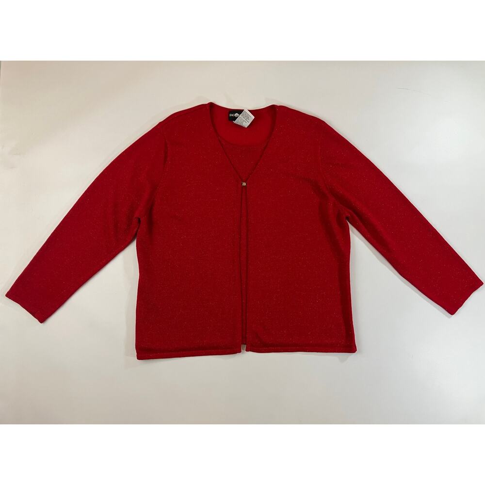 Vintage Sag Harbor Women 1X Red Metallic Knit Cardigan Sweater Made Hong Kong